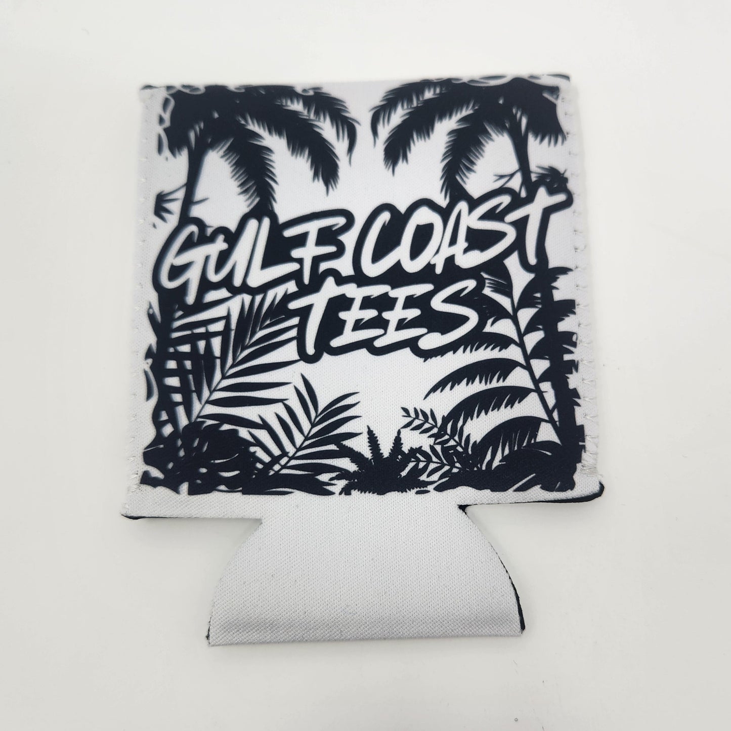 Can koozie sleeve with black and white design on a white background