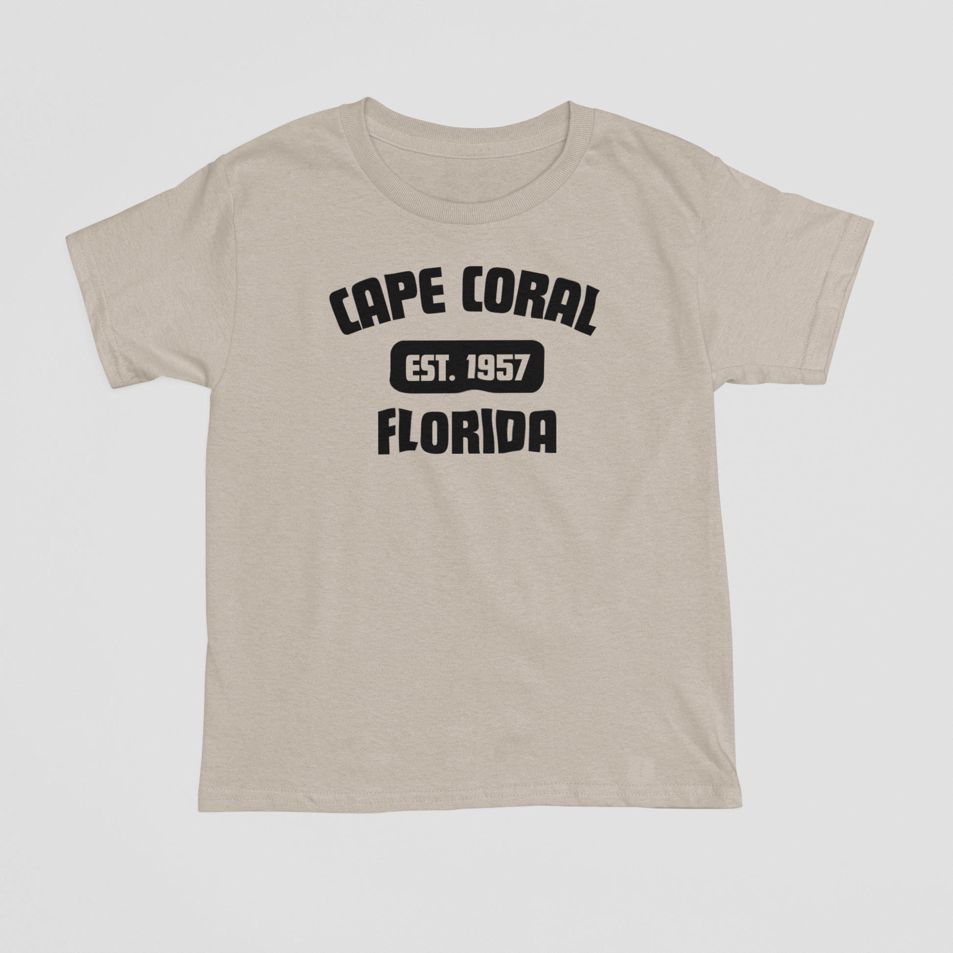 Beige t-shirt with 'Cape Coral, Florida' text on a white background