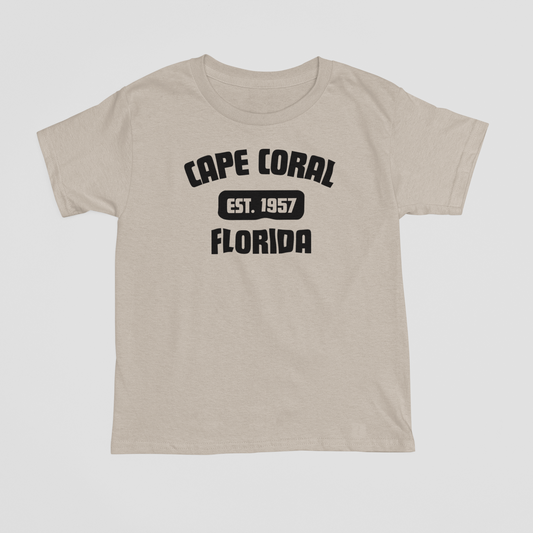 Beige t-shirt with 'Cape Coral, Florida' text on a white background
