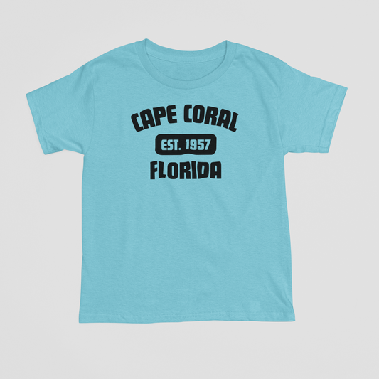 Light blue t-shirt with 'Cape Coral, Florida' text on a light gray background