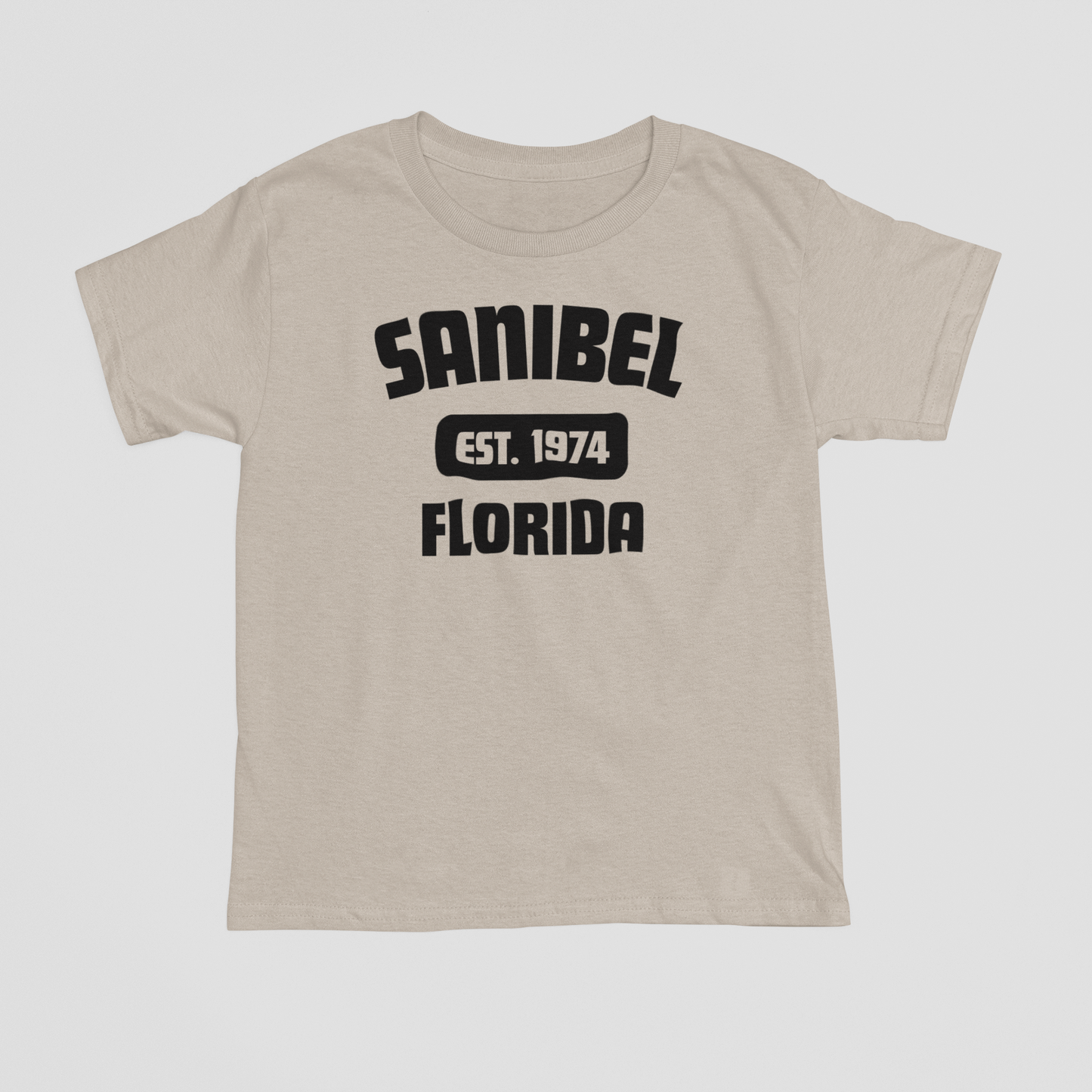 Beige t-shirt with 'Sanibel, Florida' text on a white background