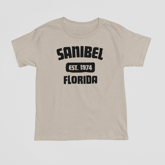 Beige t-shirt with 'Sanibel, Florida' text on a white background