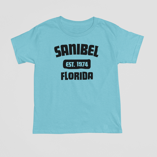 Light blue t-shirt with 'Sanibel, Florida' text on a light gray background