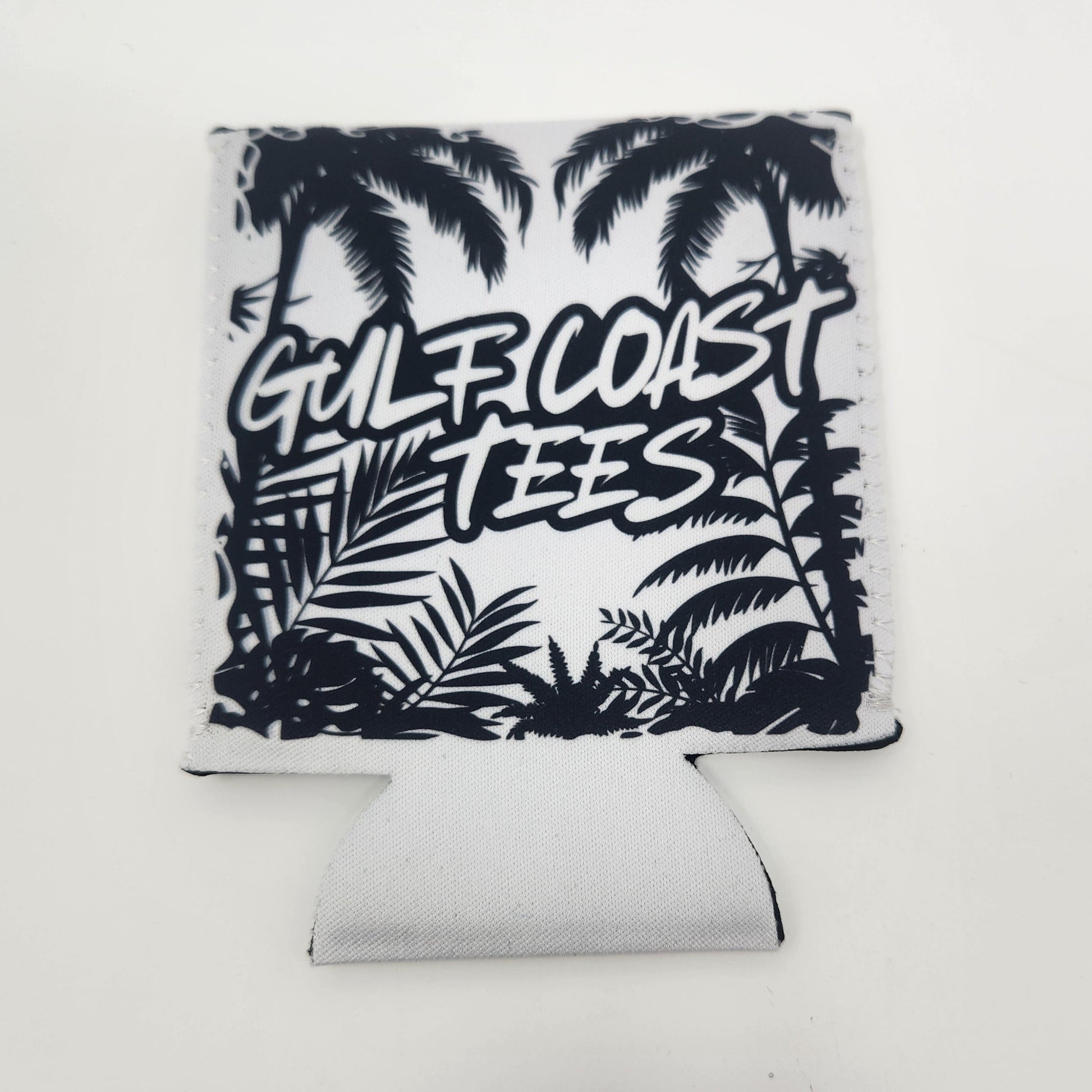 Can koozie sleeve with black and white design on a white background
